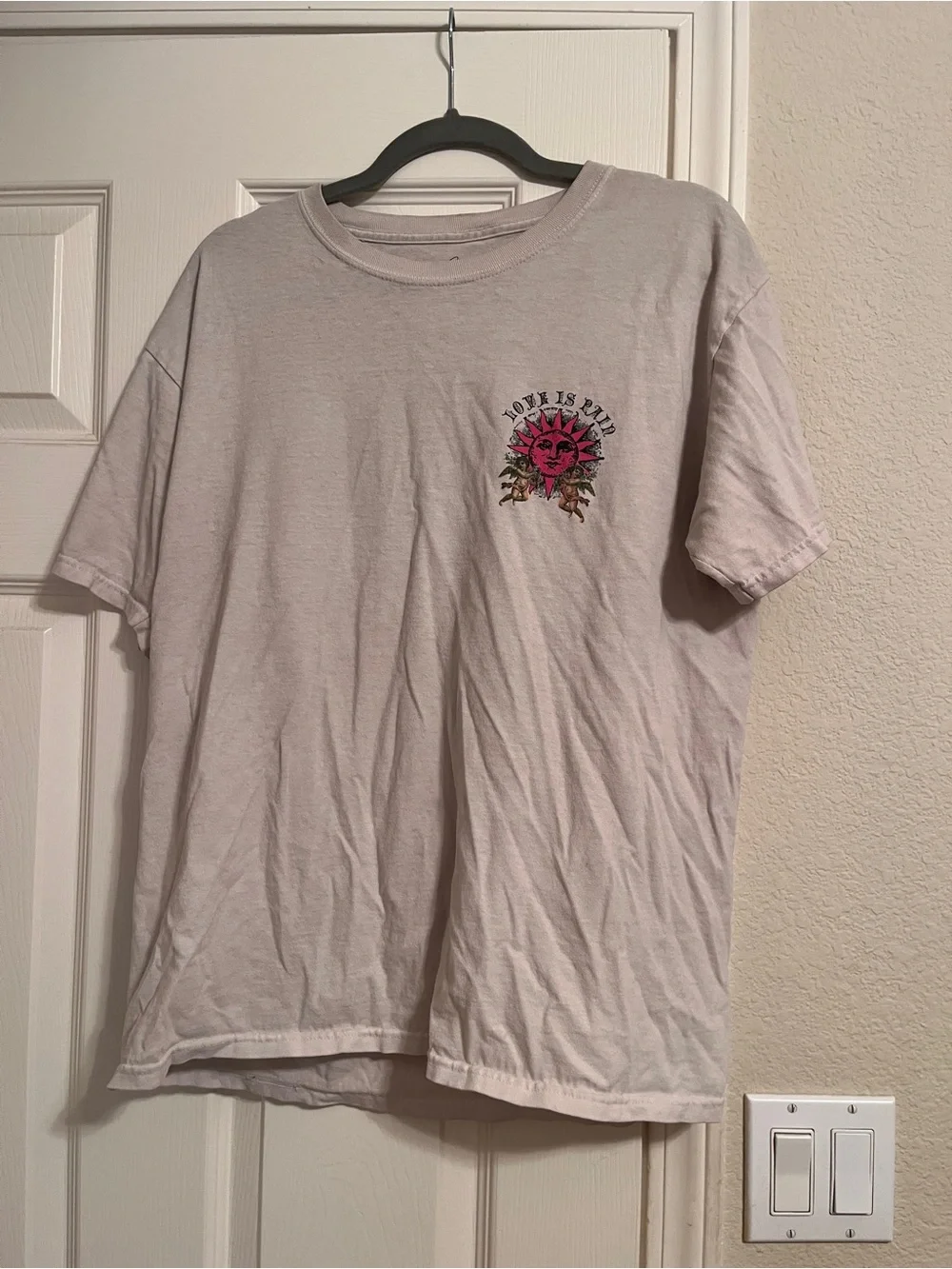 White Graphic Crew Neck T-Shirt with Pink Sun Motif